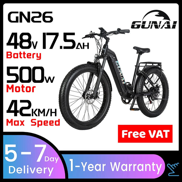 GUNAI Electric Ebikes 500W Motor 26Inch Fatbike Elektrische Fiets 7-Speed with 48V 17AH Battery&Cargo Rack Mountain Men Bicycle