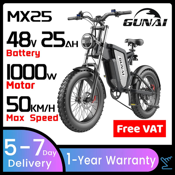 GUNAI MX25 Electric Bike 1000W 48V 25AH Electric Bicycle 4.0*20 Inch Fat Tire Off-Road Ebike Adults Cycling Mountain Bike