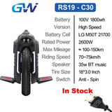 Gotway RS Begode RS 18inch RS19  C30 C38 Electric Unicycle one wheel monowheel 2600W 100V 1800Wh 21700 battery High Speed