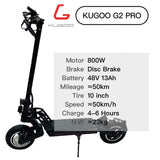KUGOO G2 PRO Electric Scooter 800W 10" Tires Dual Disc Brake Front and Rear Absorption System Skateboard Adult