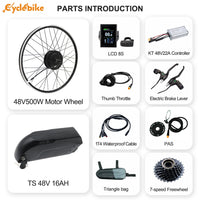 30-45km/h 48v 500w-750w electric bike conversion kit with 48v 16ah ebike lithium battery pack 50-70km range