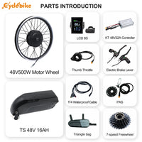 30-45km/h 48v 500w-750w electric bike conversion kit with 48v 16ah ebike lithium battery pack 50-70km range