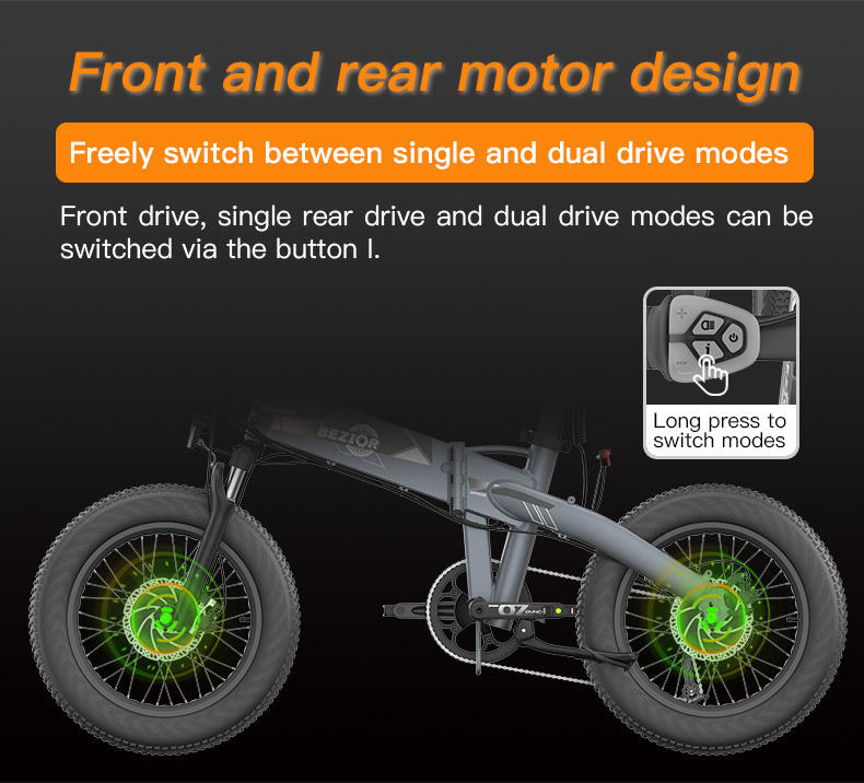 BEZIOR XF005 Dual Motor Dual Battery Electric Mountain Bike 20 Inch Wheel 36V 16+6.4Ah Lithium Battery Ebike with 20*4" Fat Tires Off-Road Electric Snow Bike