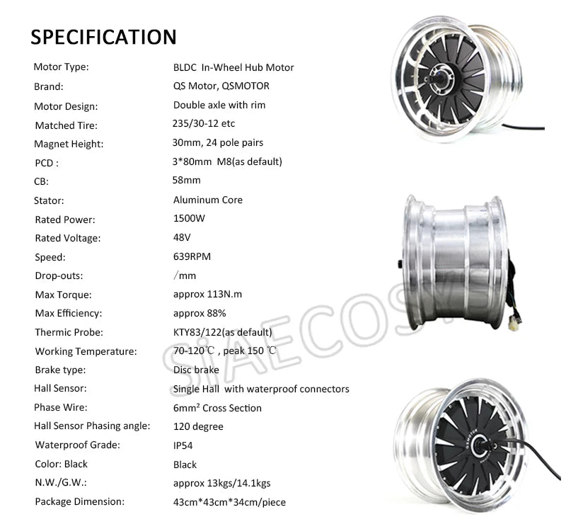 SiAECOSYS QSMOTOR 12x7.5inch 1500W 48V 55kph Hub Motor with EM50SP controller and kits for E-Scooter