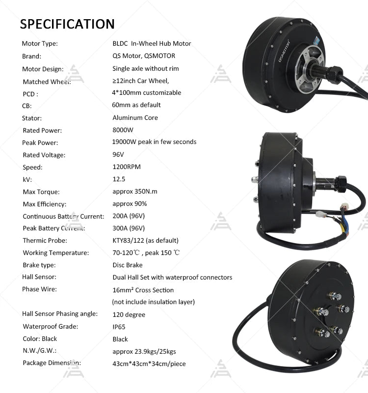 QSMOTOR 8000W V4 96V 125Kph 2Wd Dual Hub Motor with APT96600 Controller kits for E-Car
