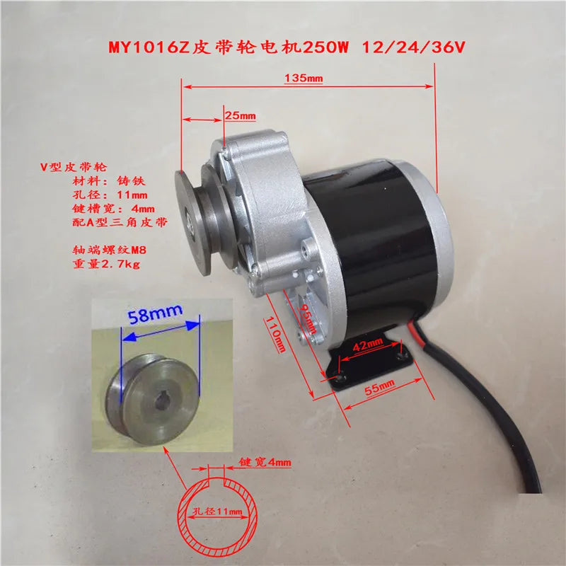 12V 24V 36V 250W Brushed Permanent Magnet DC Gear Motor MY1016Z Electric Bike Bicycle Tricycle Ebike Belt Motor Big Torque