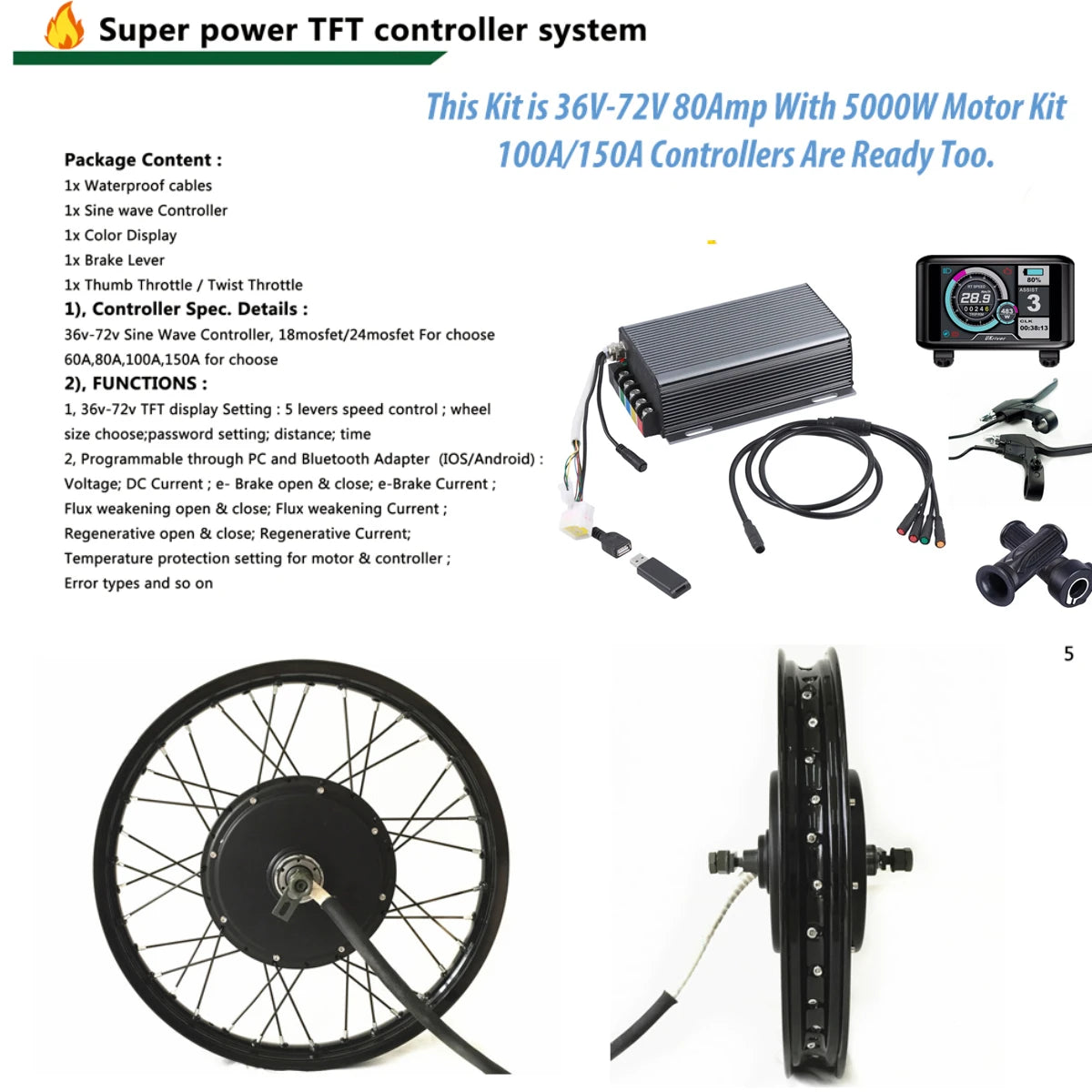 TFT Display 48v -72v 5000w electric bike kit 5kw e bike conversion kit with 16" 17" 18" 19" 24" 26"
