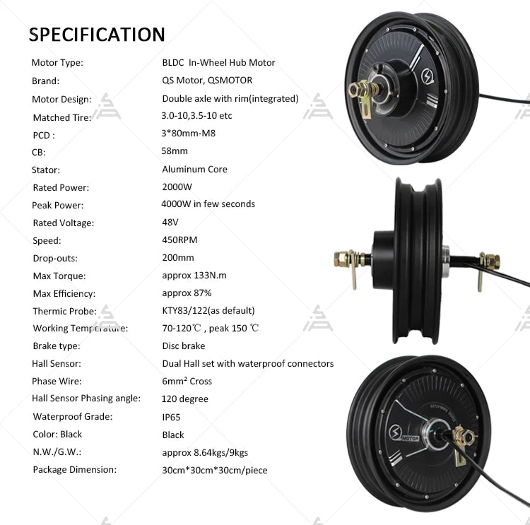 SiAECOSYS QSMOTOR 10x2.15inch 2000W 48V 35kph Hub Motor with EM50SP controller and kits for low speed high torque Electric Scoot