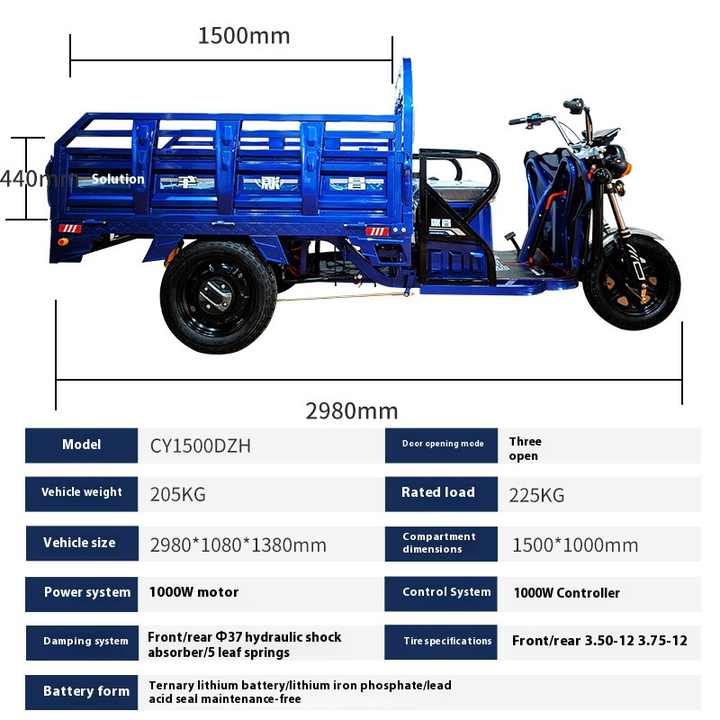 Shanghai Ce Cargo Electric Tricycle 60V 1000w Automatic Reverse 2 Battery 2 Motors Open Body&nbsp;