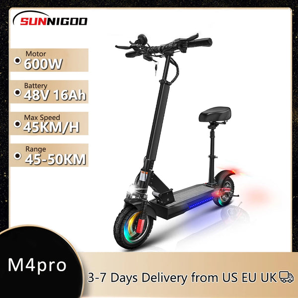 M4 Pro Electric Scooter 10 Inch Off-Road Tires 600W Motor 45Km/h Max Speed 65Km Long Range 48V 16Ah Lithium Battery with Seat