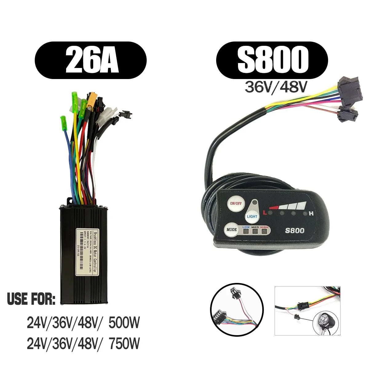 Kunray 26A Three-Mode Sine Wave Brushless Controller & LCD Display Kit (24V/36V/48V 500W–750W) with Self-Learning