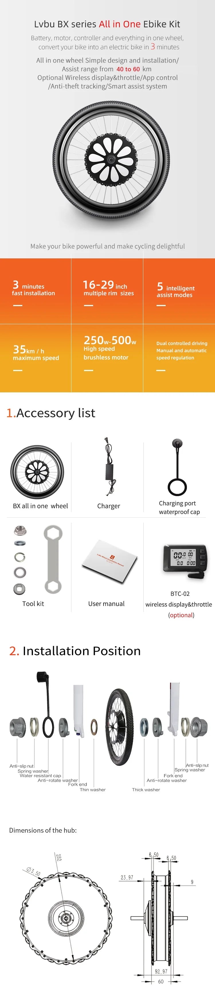 LVBU Fastest Least Expensive 36V 250W Back Wheel 29'' Full E-bike CVonversion Kit with Bottle Battery Included