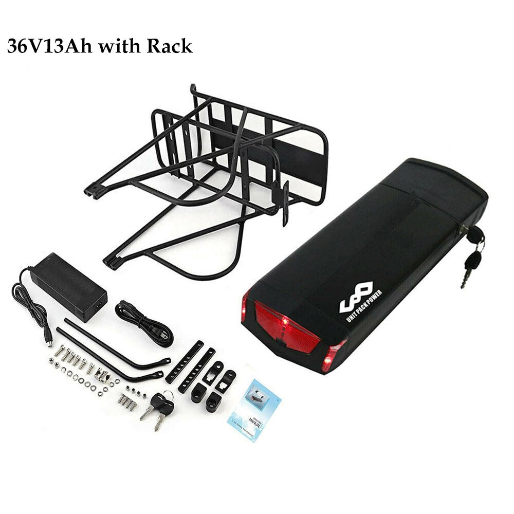 Electric Bicycle Rear Rack Battery with LG 18650 21700 Battery Cells - 36V/48V 12Ah/13Ah/15Ah Lithium Battery for Ebike Motors up to 1000W