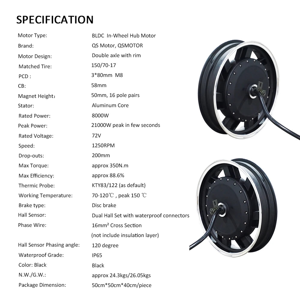 SiAECOSYS QS273 17X3.5inch 8000W 72V 120kph hub Motor with EM200-2SP controller Powertrain kits for electric motorcycle