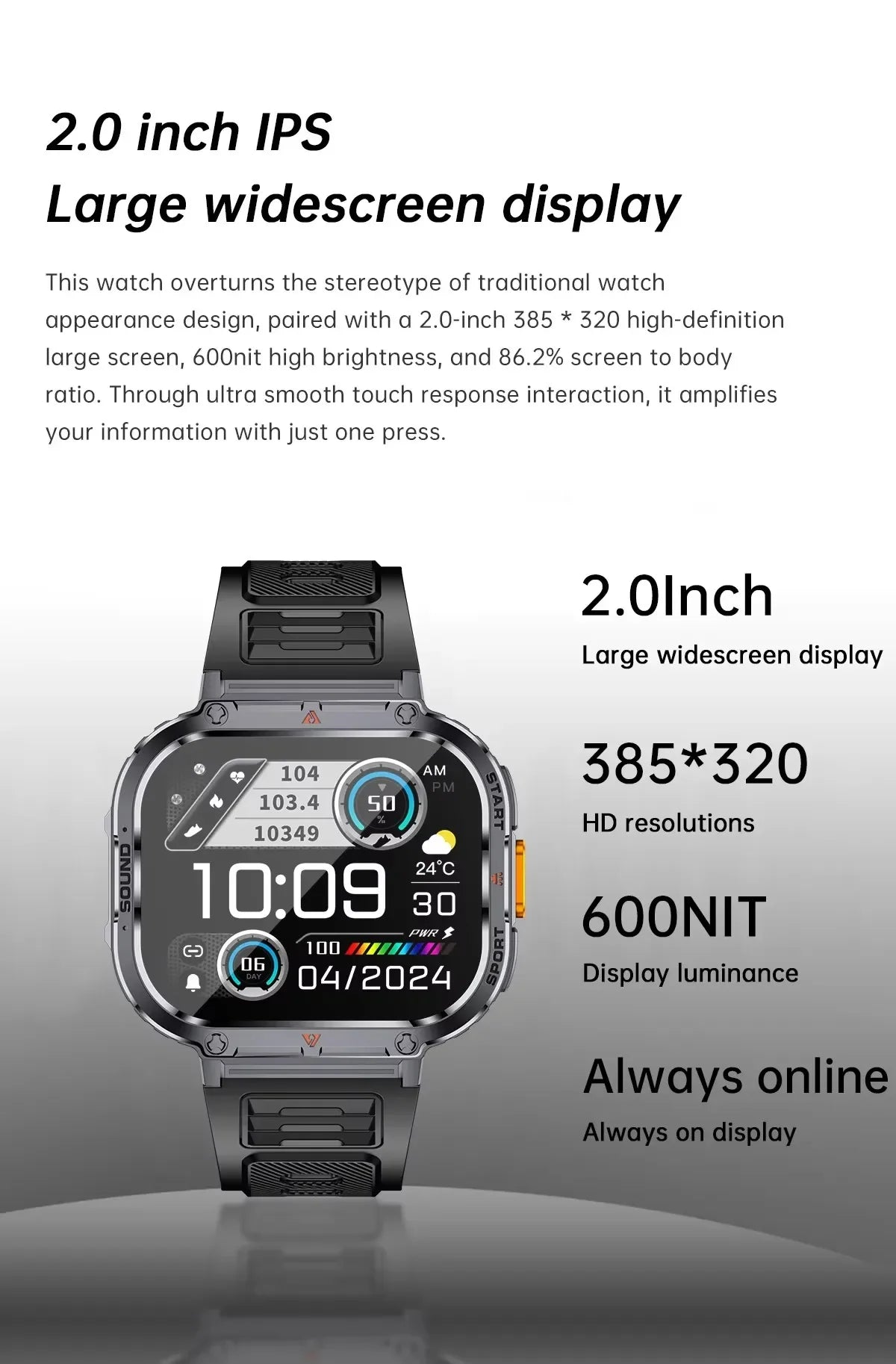 Gaines NX23 Smart Watch 2inch Ultra Large Screen LED Light Flashlight BT Calling AI Voice 400mAh Men Fitness Sports Tracker Smart