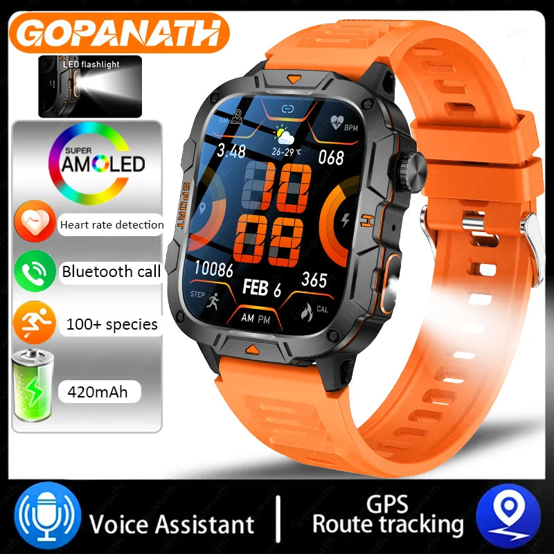 Outdoor Military IP68 Waterproof LED flashlight Smartwatch Men's 420mAh battery Sports Fitness Watch Bluetooth Talk Smartwatch