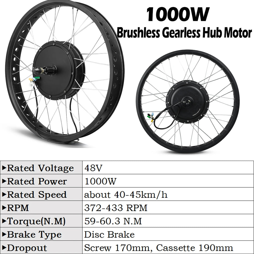 48V 1000W-1500W Fat Tire Electric Bike Conversion Kit - Waterproof Rear Hub Motor (20", 26" × 4.0")