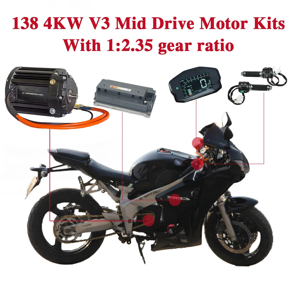 New QSMOTOR QS138 90H V3 with 1:2.35 gear box Rated 4KW 7200rpm Mid Drive Motor Kits with EM200-2SP Controller 200A 600A