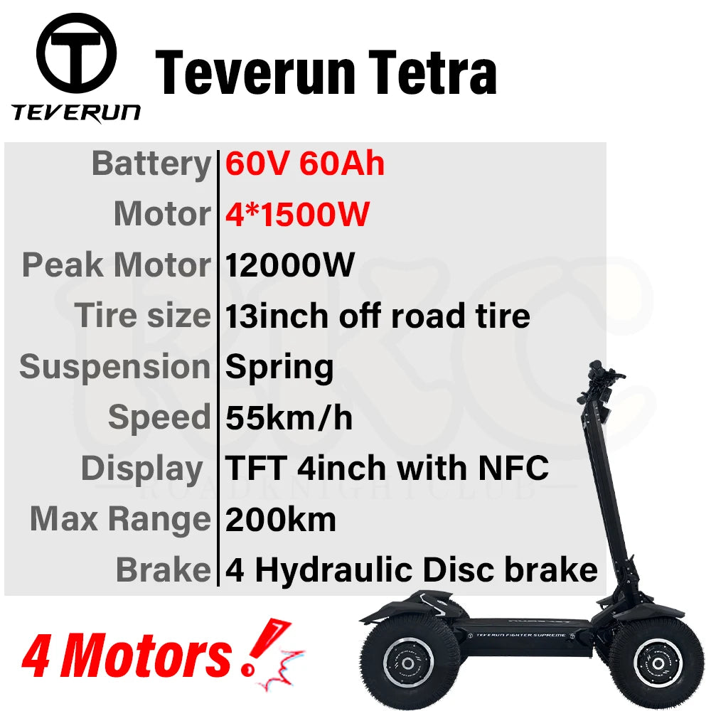 Original Teverun TETRA 4 Motor 1500W*4 60V 60Ah Peak 12000W 4inch TFT ...