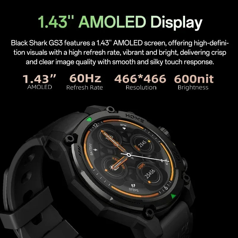 2025 Blackshark GS3 Smart Watch Global Version 1.43" AMOLED Display 5ATM AI Watch Faces GPS Satellite Positioning