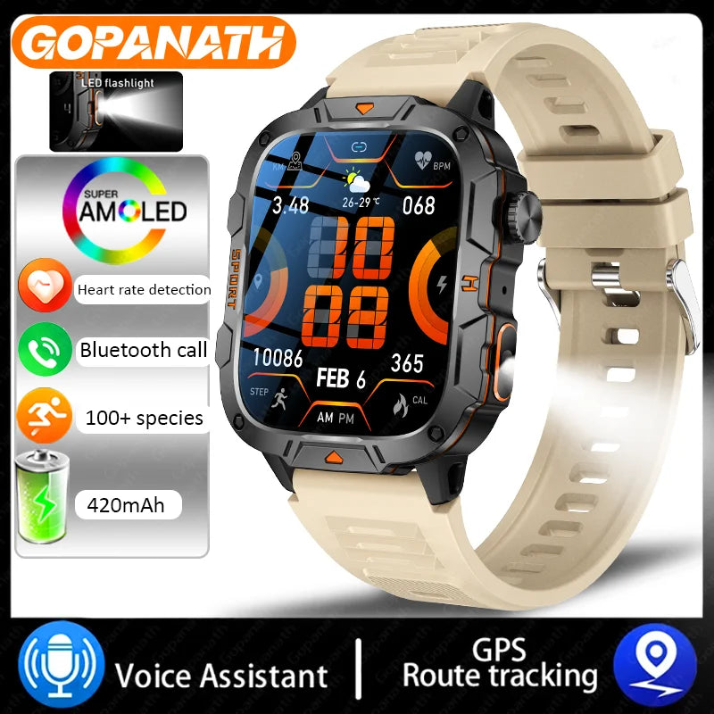 Outdoor Military IP68 Waterproof LED flashlight Smartwatch Men's 420mAh battery Sports Fitness Watch Bluetooth Talk Smartwatch