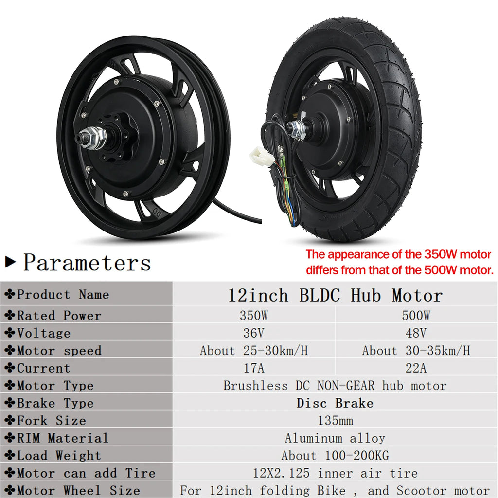 12-Inch Electric Scooter & Folding E-Bike Rear Hub Motor Wheel - 36V 350W / 48V 500W Brushless Motor (With / Without Tire)