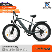 SMLRO V7 1000W Fat Tire Electric Mountain Bike  Alloy Shock Absorbing Frame Mountain Ebike 26*4.0 "7 Speed Road MTB