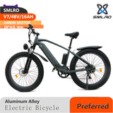 SMLRO V7 1000W Fat Tire Electric Mountain Bike  Alloy Shock Absorbing Frame Mountain Ebike 26*4.0 "7 Speed Road MTB