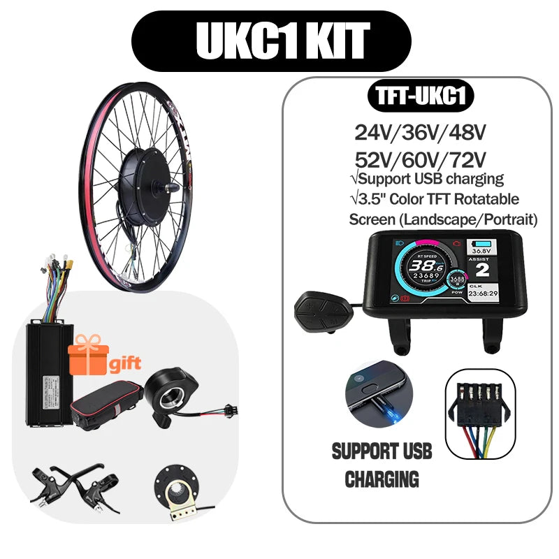 48V/52V 2000W Electric Bike Conversion Kit - Brushless Gearless Hub Motor (Front / Rear) with MTX39 Rim & 40A Controller