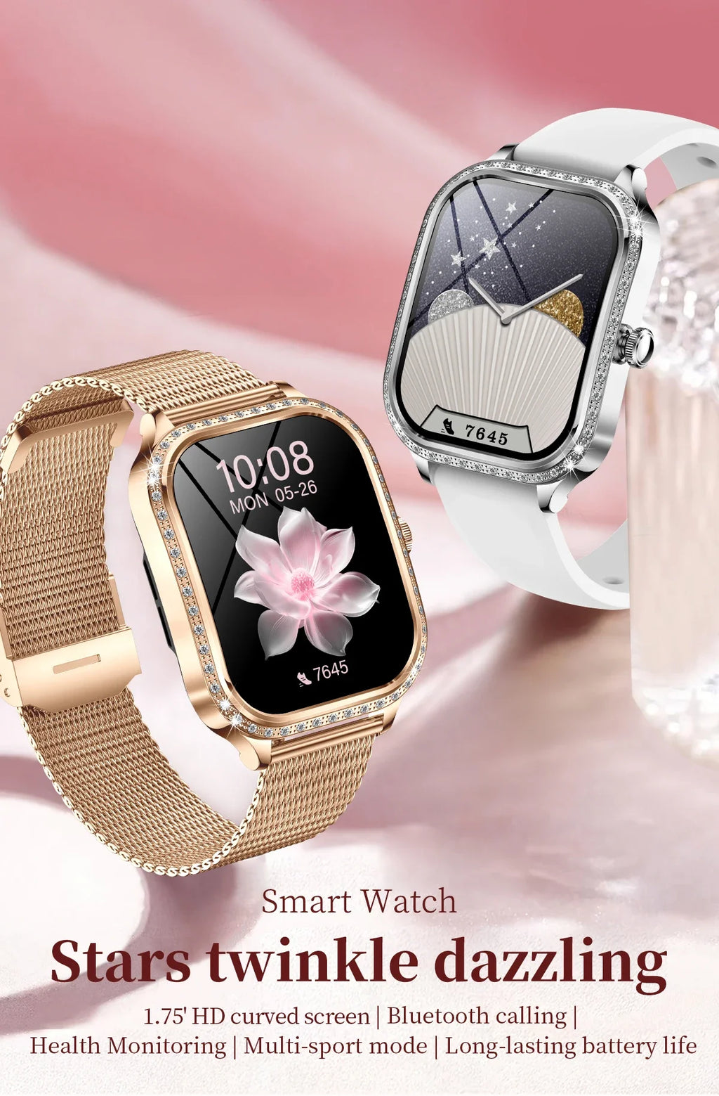 Gaines Ladies Luxury Smart Watch MK88 Diamond Women 1.75inch Bluetooth Call AI Voice Health Monitor Fitness Tracker Smartwatch