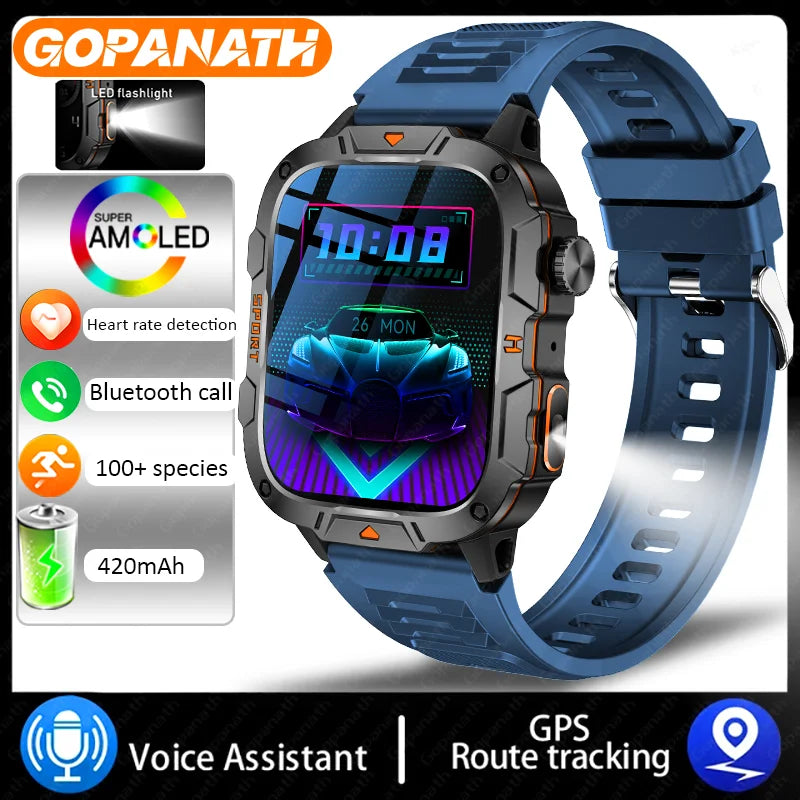 Outdoor Military IP68 Waterproof LED flashlight Smartwatch Men's 420mAh battery Sports Fitness Watch Bluetooth Talk Smartwatch