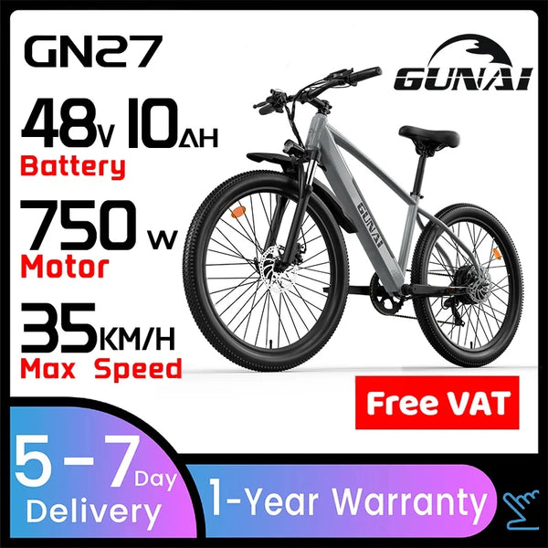 GUNAI GN27 Electric Ebike 750W Dual Motor 27Inch Elektrische Fiets Fatbike with 48V 10Ah Battery 7-Shift Mountainbike Motorbike