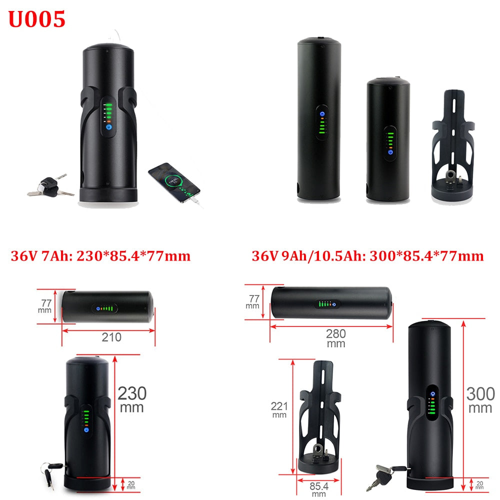 Bottle EBike Battery with 18650 Lithium-Ion Cells and Sanyo E-Bike Battery for Bafang Tonsheng Motor Kits - 36V 7Ah, 9Ah, and 10.5Ah Options Available