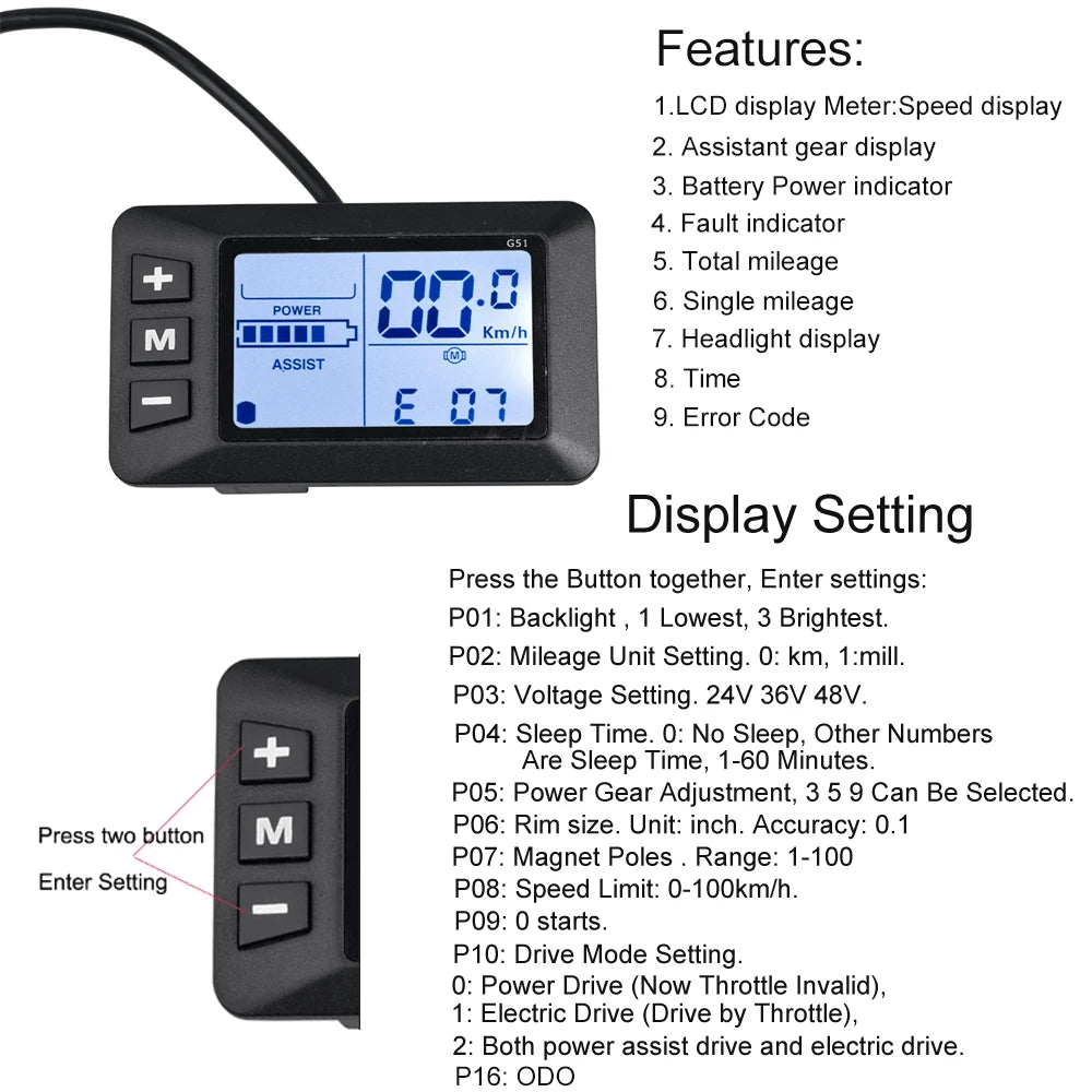 EBike Controller 48V LCD E Bike Display Speed Controller For Brushless Motors 24V 36V 350W 500W Electric Bike Conversion Kits