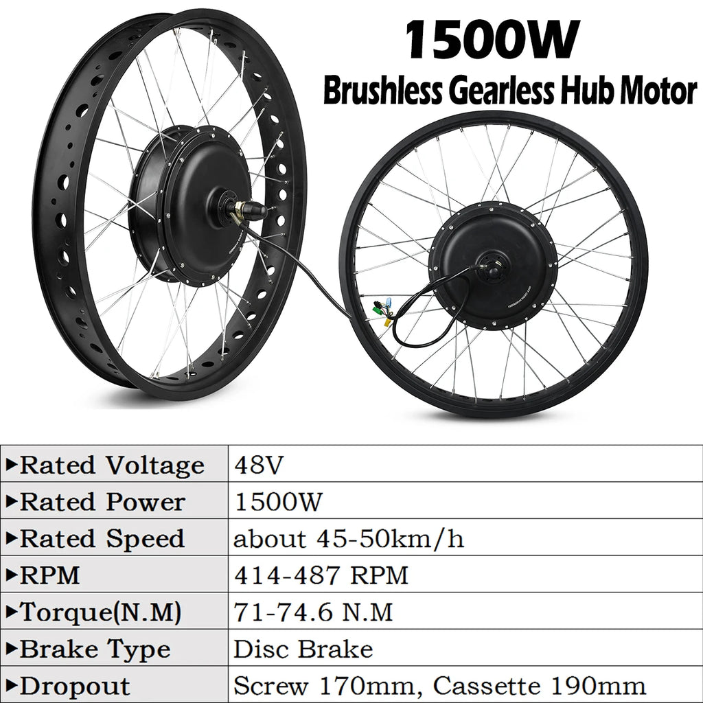 48V 1000W-1500W Fat Tire Electric Bike Conversion Kit - Waterproof Rear Hub Motor (20", 26" × 4.0")