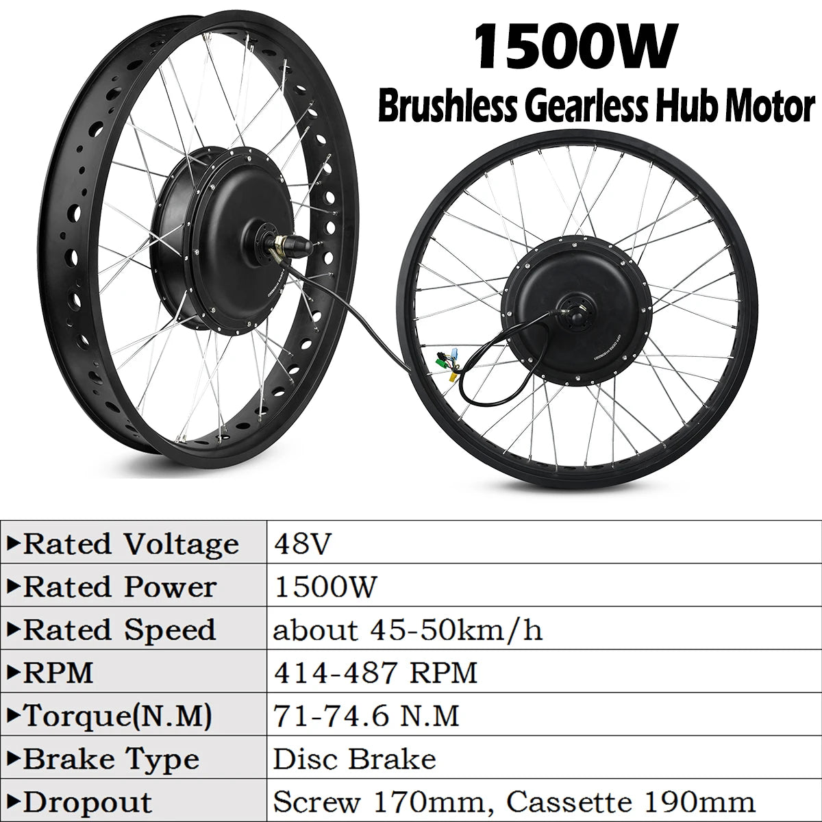 48V 1000W-1500W Fat Tire Electric Bike Conversion Kit - Waterproof Rear Hub Motor (20", 26" × 4.0")