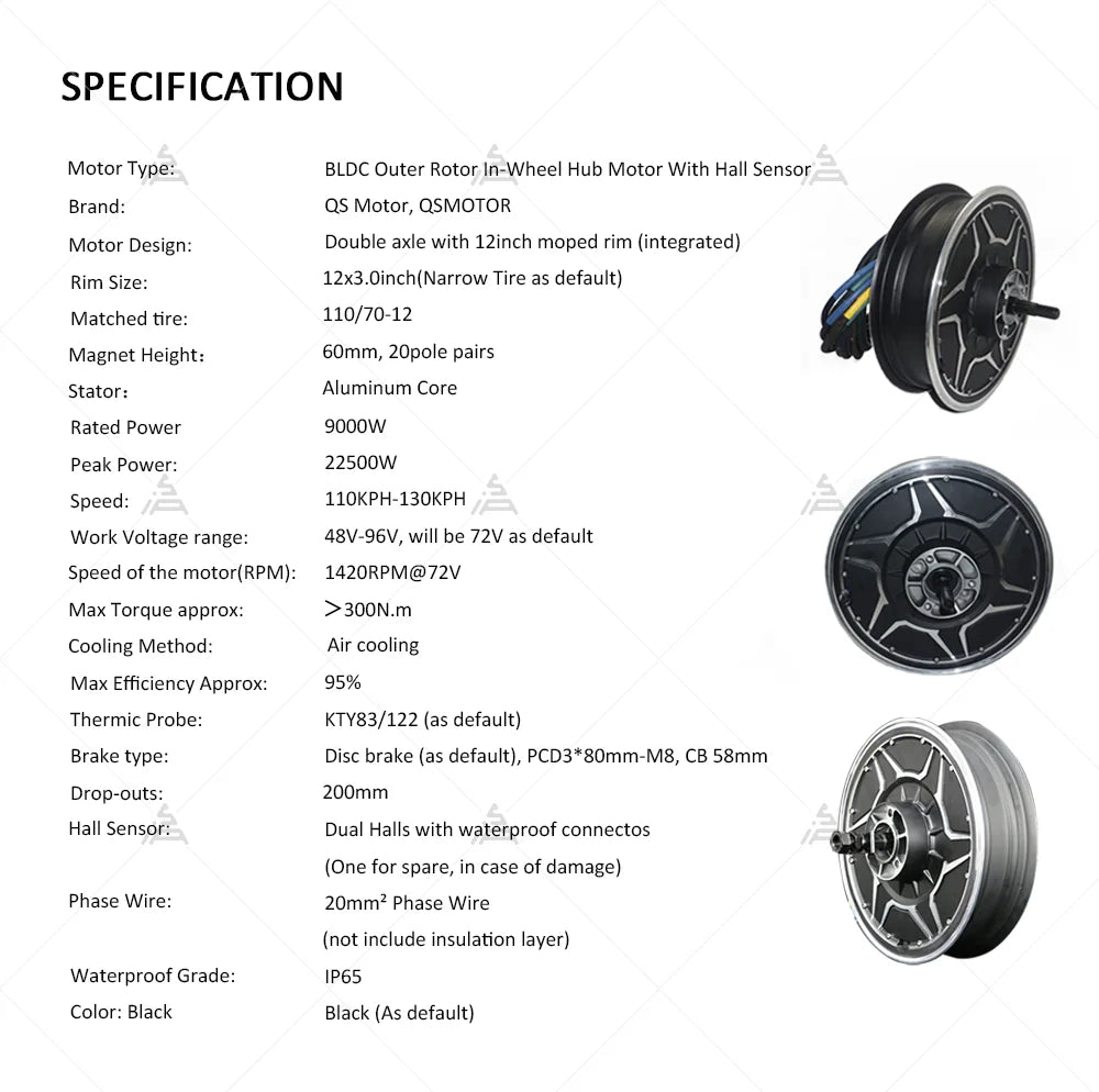 QSMOTOR New QS268 9000W 12*3.0inch V5 72V 130kph Hot Sale BLDC Hub Motor with ND72890 Controller for Electric Motorcycle
