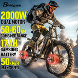 Shengmilo S600 26 inches adult electric mountain bike, 2000W dual motor 48V 17AH ebike, dual suspension 7-speed electric bicycle