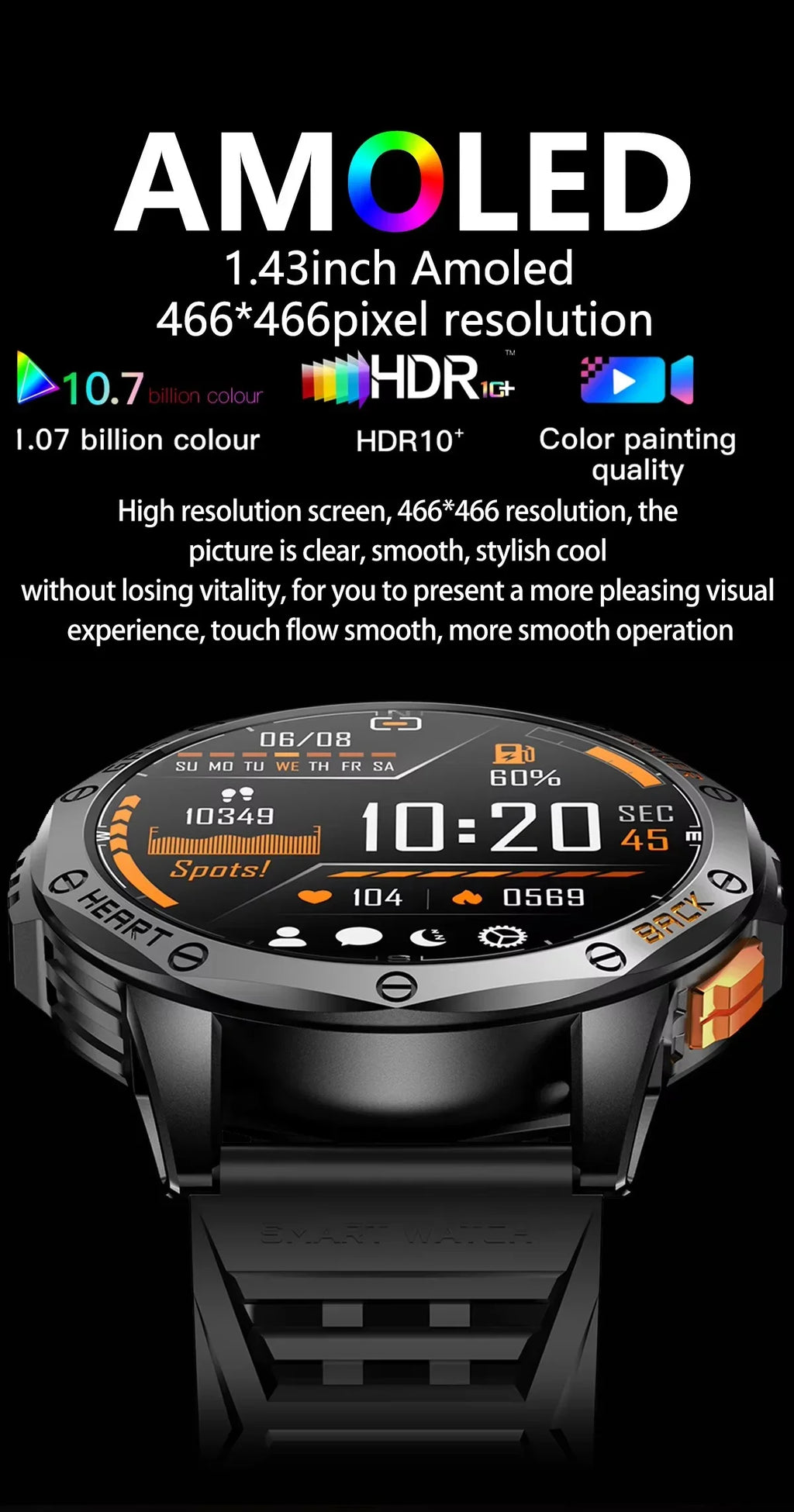 Gaines Men Smart Watch K67 LED Flashlight Amoled Compass Barometric Altimeter Outdoor Sports Montion Fitness Tracker BT Call Smart Watch