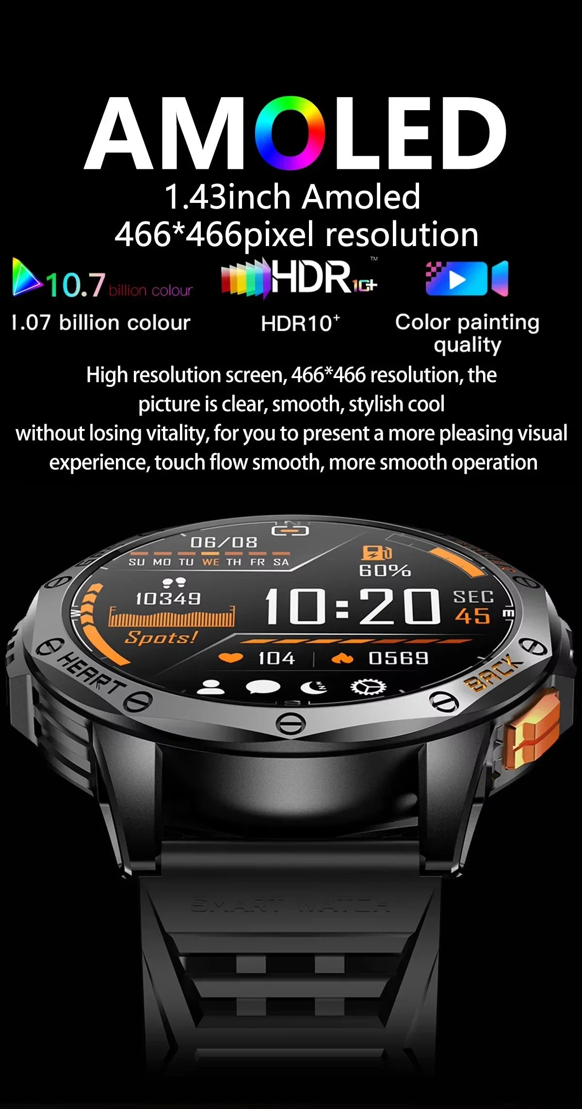 Gaines Men Smart Watch K67 LED Flashlight Amoled Compass Barometric Altimeter Outdoor Sports Montion Fitness Tracker BT Call Smart Watch