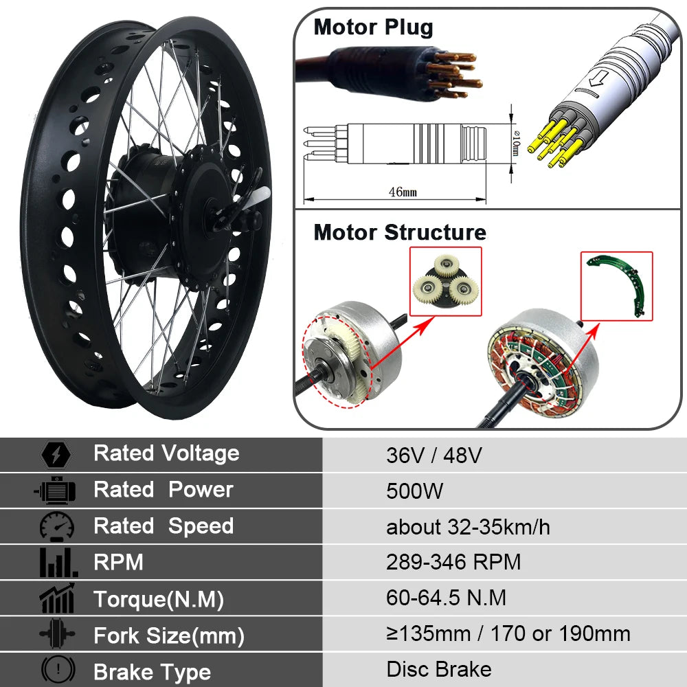 Fat Tire Electric Bike Kit 36V/48V 500W - Snow & Sand E-Bike Hub Motor Kit (20", 24", 26" × 4.0")