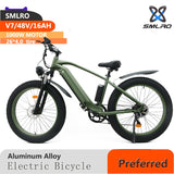 SMLRO V7 1000W Fat Tire Electric Mountain Bike  Alloy Shock Absorbing Frame Mountain Ebike 26*4.0 "7 Speed Road MTB