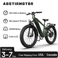 High Quality NEW 52V 15Ah HYDRAULIC Brake Electric Bike 1000W 26In 4.0 Mountain Cycling Bicycle AOSTIRMOTOR Ebike