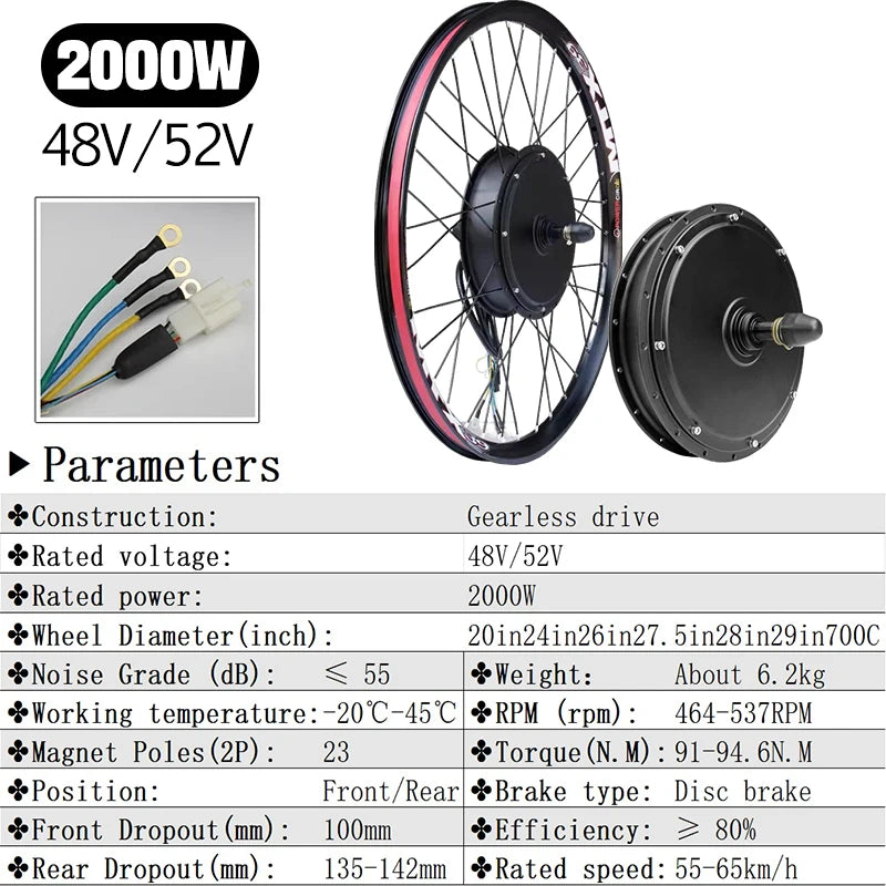 48V/52V 2000W Electric Bike Conversion Kit - Brushless Gearless Hub Motor (Front / Rear) with MTX39 Rim & 40A Controller