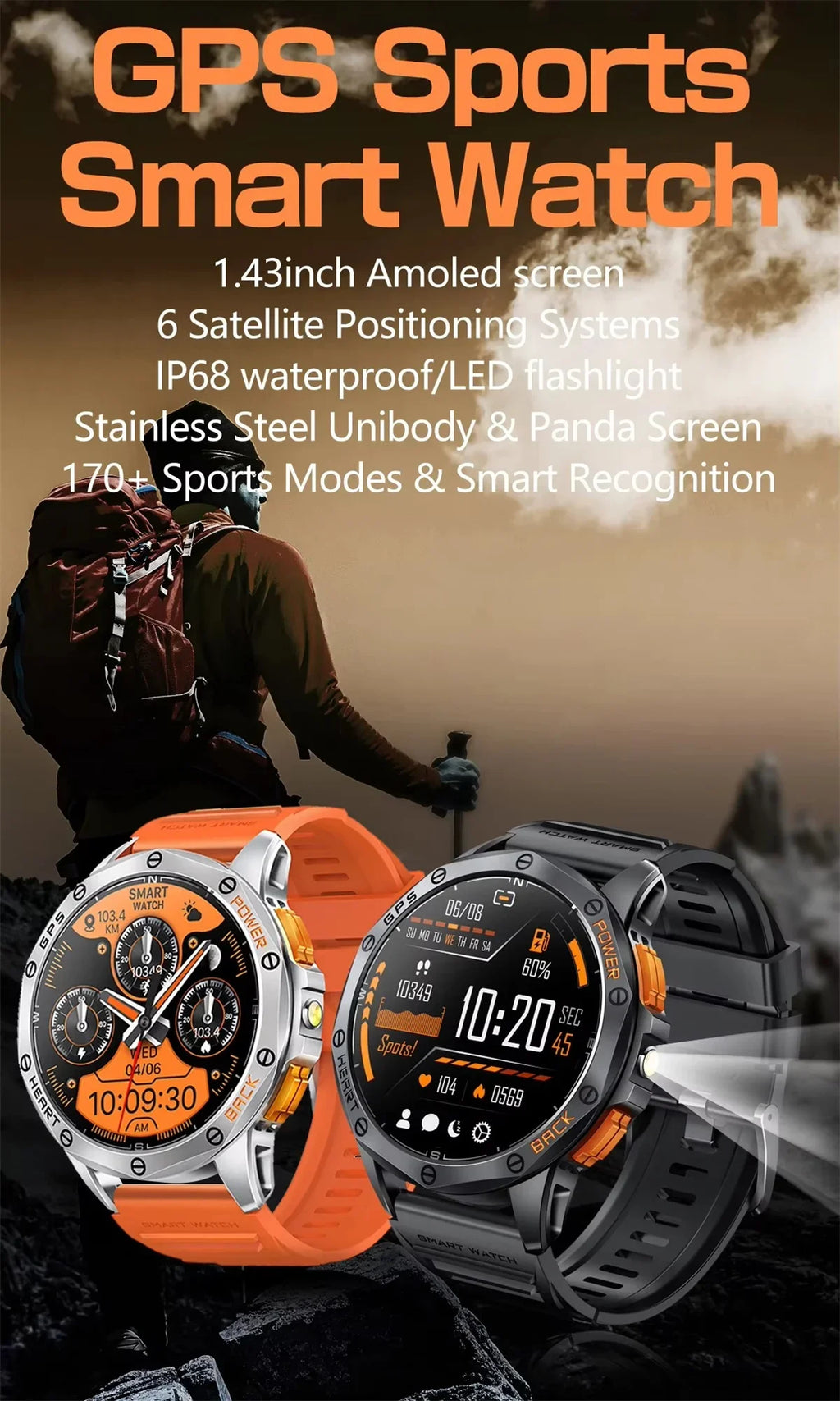 Gaines Men Smart Watch K67 LED Flashlight Amoled Compass Barometric Altimeter Outdoor Sports Montion Fitness Tracker BT Call Smart Watch