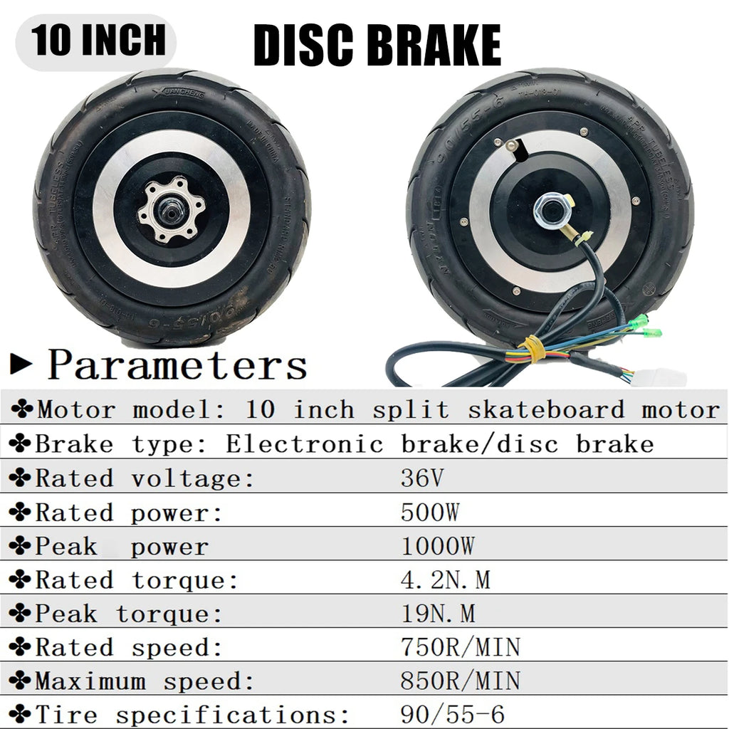 Kunray 10-Inch Electric Scooter Rear Wheel Hub Motor (36V 500W, Peak 1000W) with 90/55-6 Tubeless Tire & Disc Brake Mount