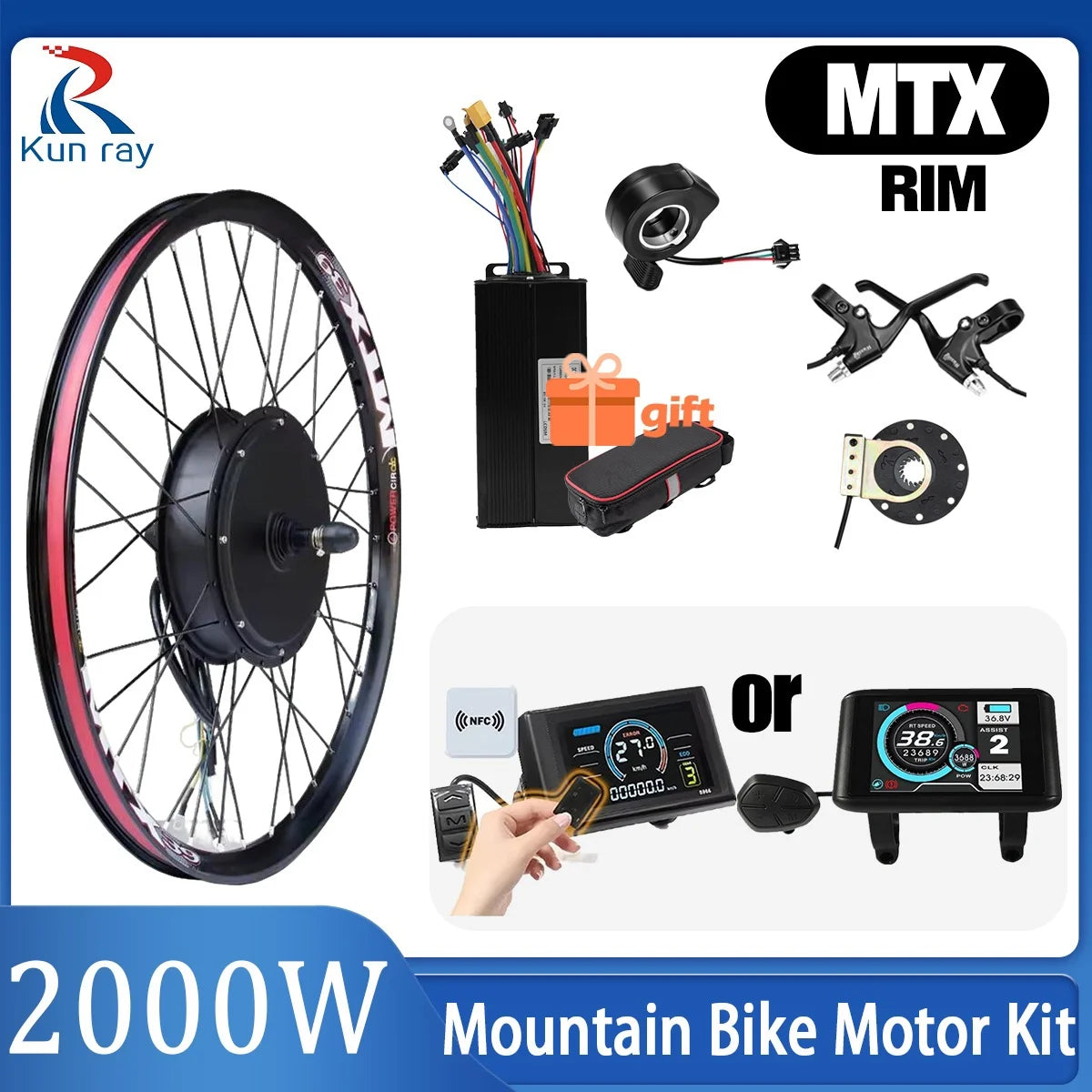 48V/52V 2000W Electric Bike Conversion Kit - Brushless Gearless Hub Motor (Front / Rear) with MTX39 Rim & 40A Controller
