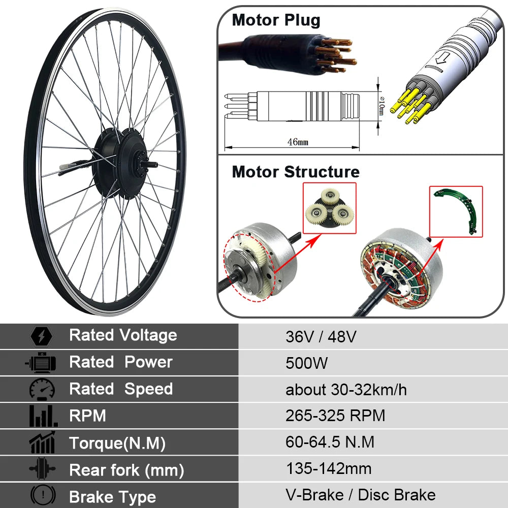 36V/48V 500W Electric Bike Conversion Kit - Front, Rear & Cassette Geared Hub Motor Wheel