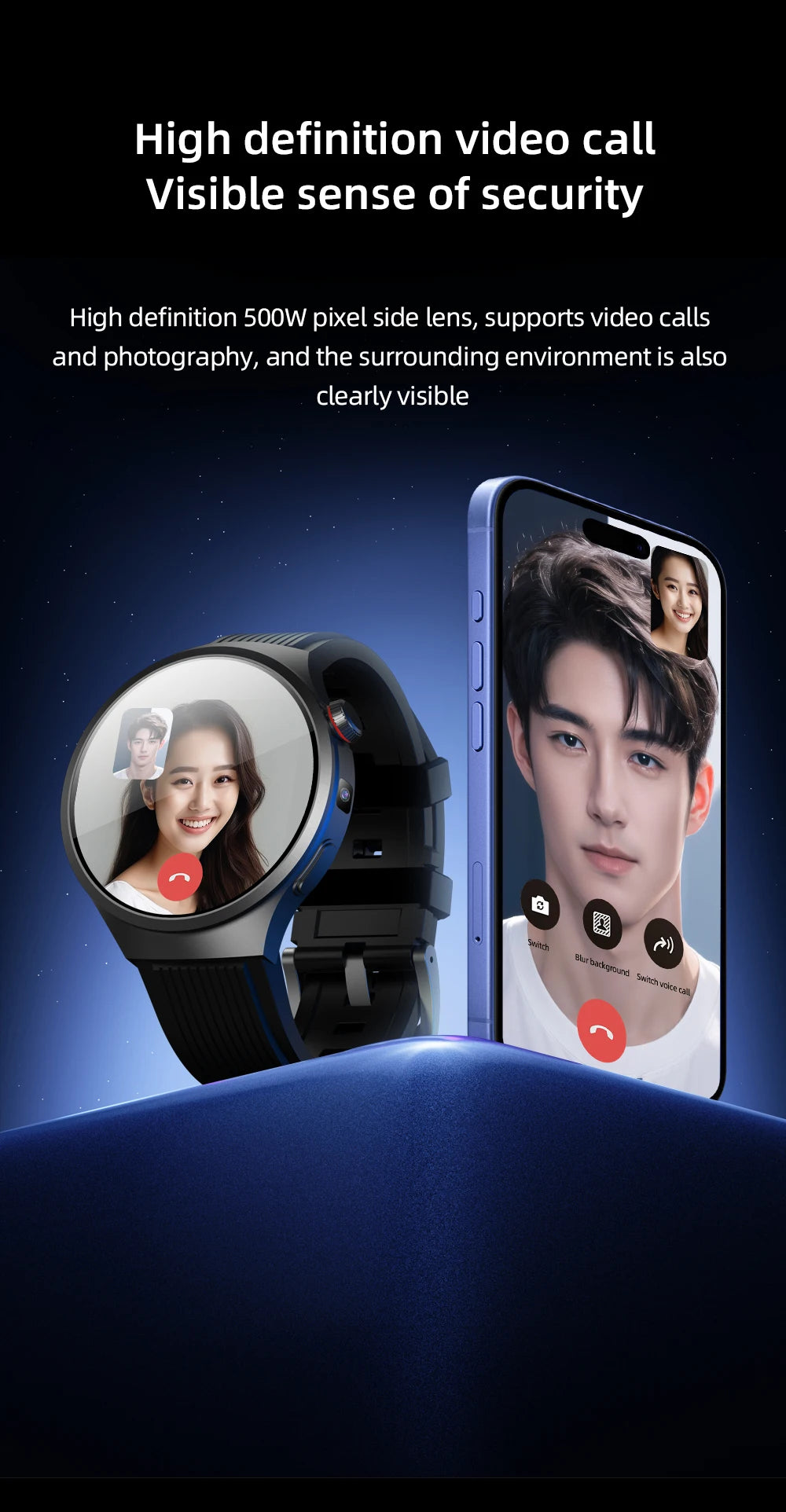 Wonlex 4G LTE Smart Watch GPS WiFi Android8.1 Ai Voice Assitance 3+32GB Storage Camera 4G Global Call Smartwatch For Men Women