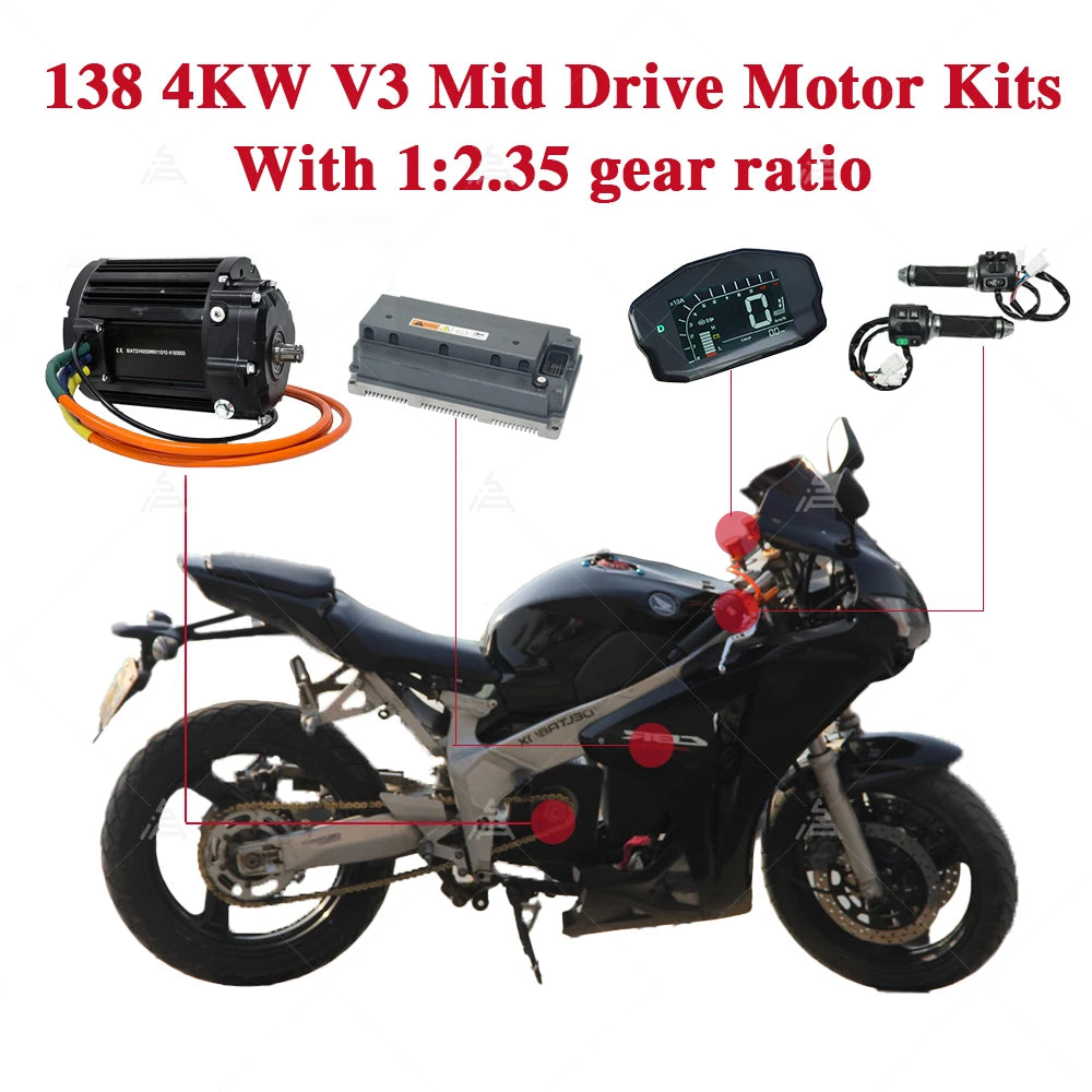 New QSMOTOR QS138 90H V3 with 1:2.35 gear box Rated 4KW 7200rpm Mid Drive Motor Kits with EM200-2SP Controller 200A 600A